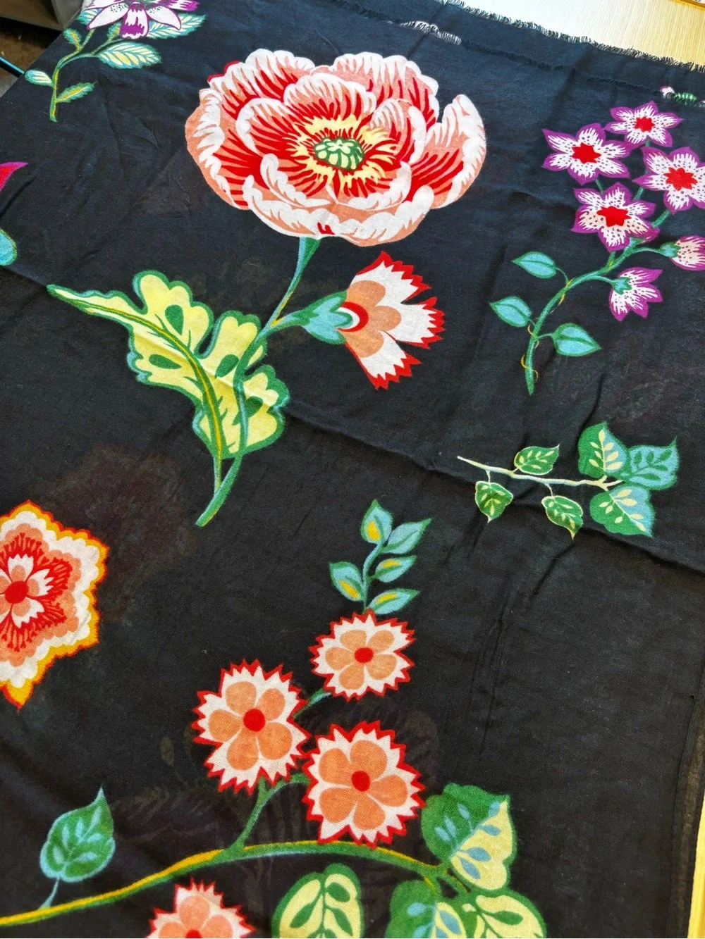 Vera Bradley Black Scarf Wrap with Red, Orange & Green Floral Print Sift Fringe
